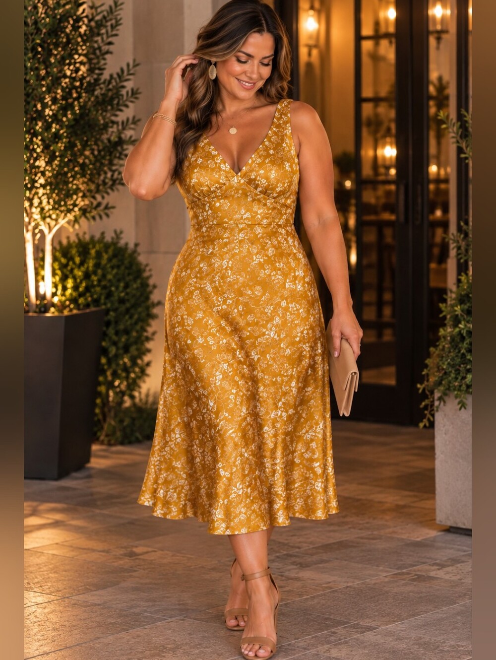 JustFab NWT Mustard Floral Satin Fit & Flare Midi Dress Size Large